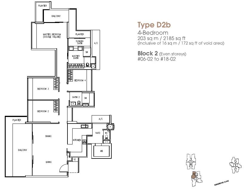 The Trizon floor plan, type D2b: 4-Bedroom, 2,185 sq ft