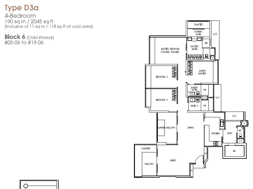 The Trizon floor plan, type D3a: 4-Bedroom, 2,045 sq ft