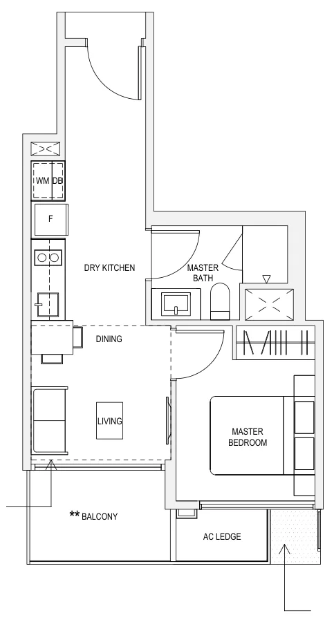 The Verandah Residences floor plan, type A1: 1-Bedroom, 463 sq ft