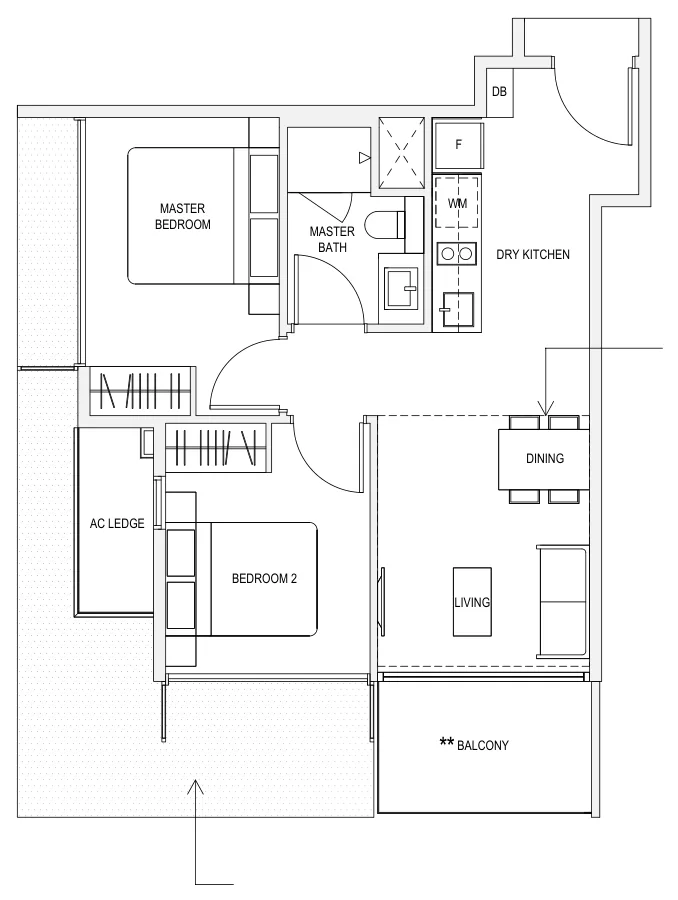 The Verandah Residences floor plan, type B1: 2-Bedroom, 646 sq ft