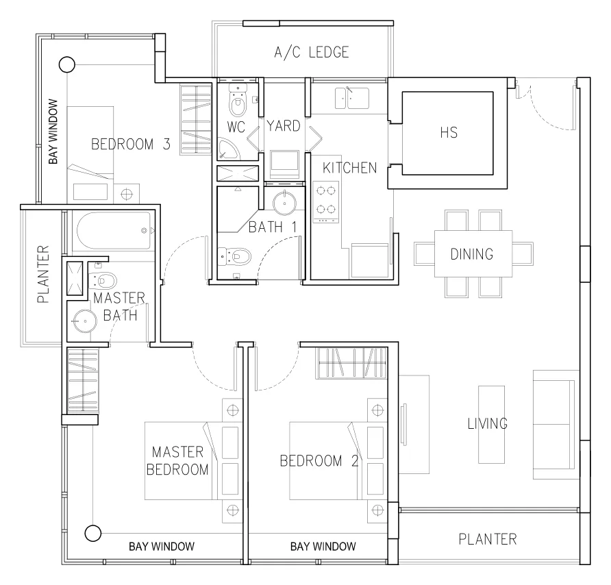 The Verte floor plan, type A3: 3-Bedroom, 1,098 sq ft