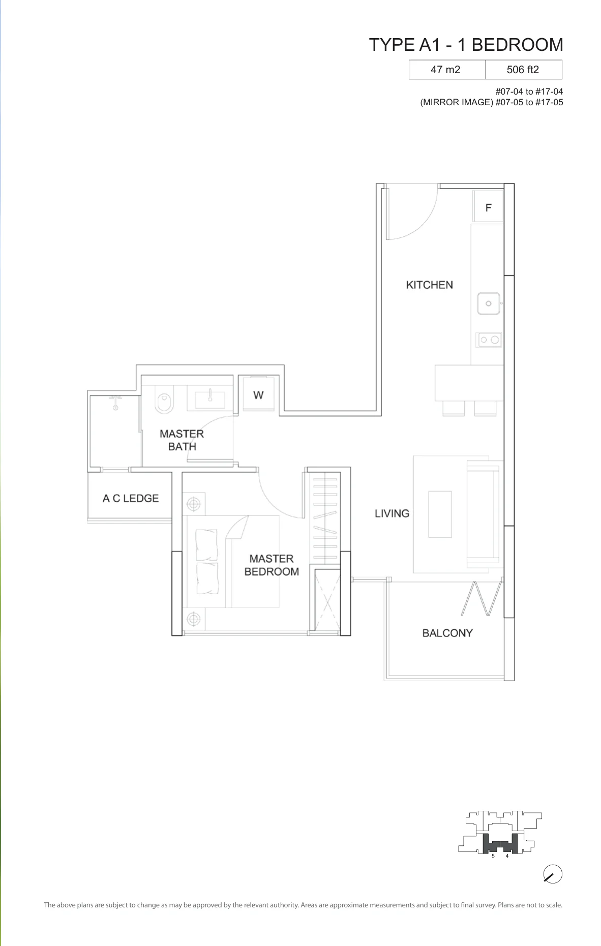 The Viridian floor plan, type A1: 1-Bedroom, 506 sq ft
