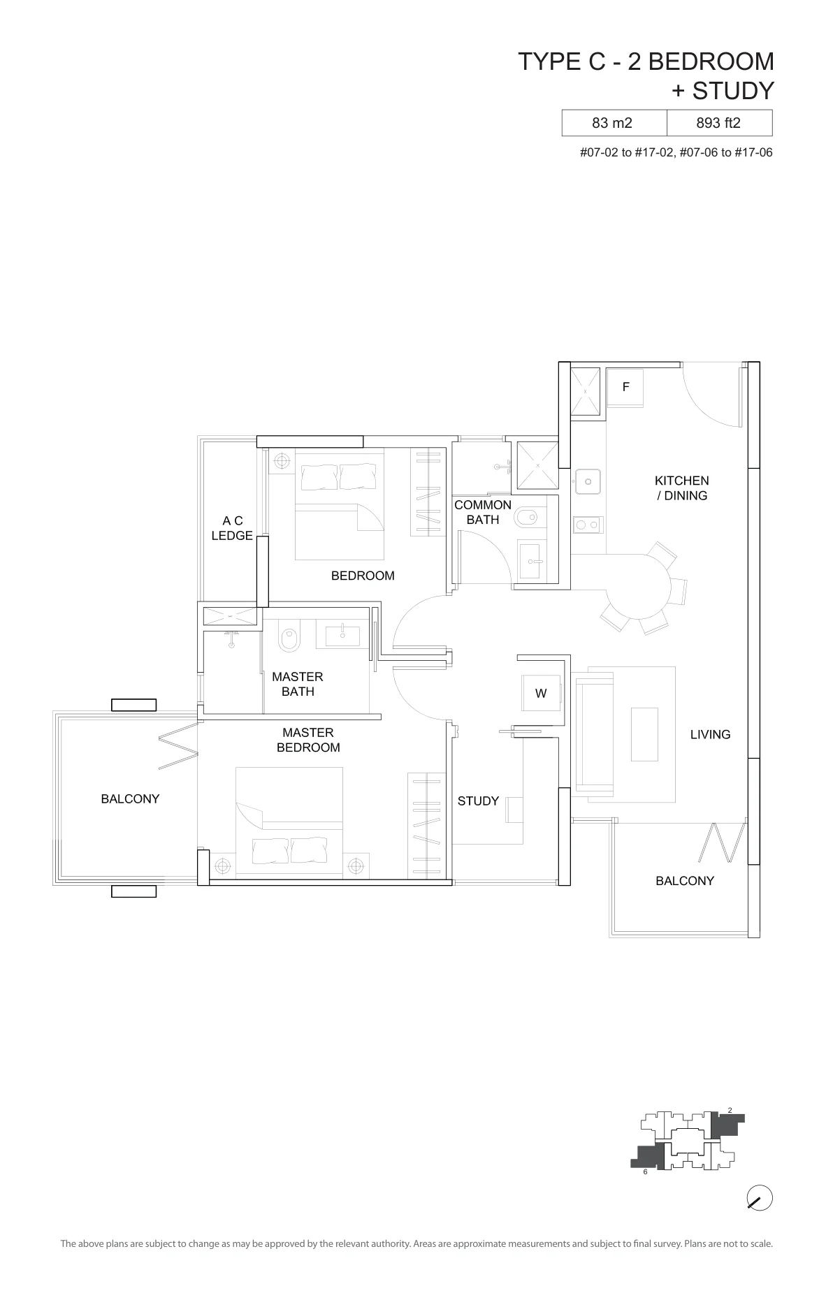 The Viridian floor plan, type C: 2-Bedroom, 893 sq ft