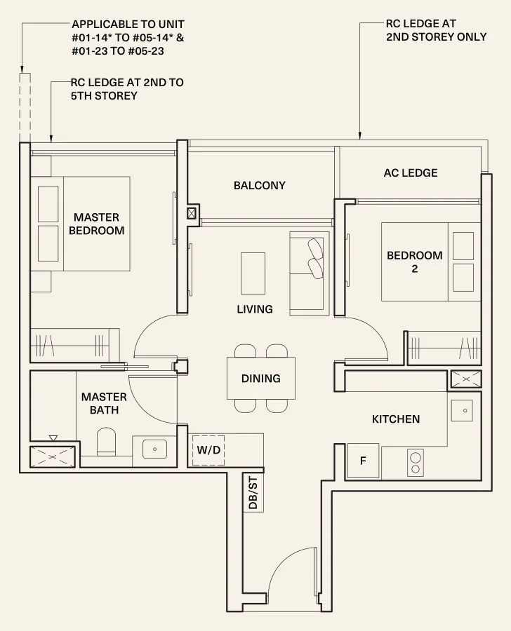 The Watergardens at Canberra floor plan, type 2C1: 2-Bedroom, 646 sq ft