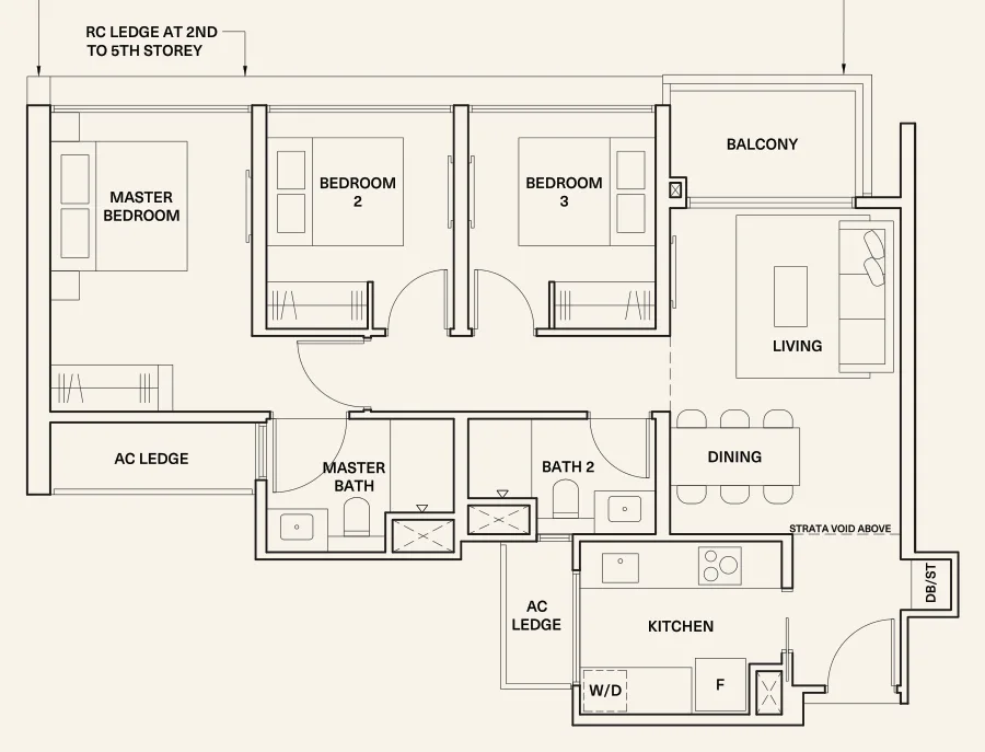 The Watergardens at Canberra floor plan, type 3C1: 3-Bedroom, 904 sq ft