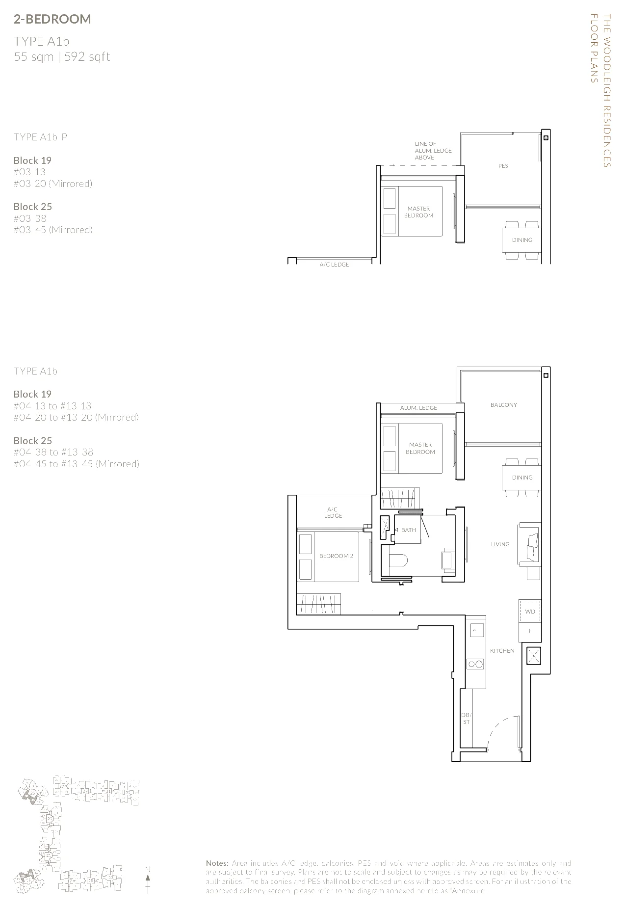The Woodleigh Residences floor plan, type A1b: 2-Bedroom and 2-Bedroom Deluxe, 592 sq ft