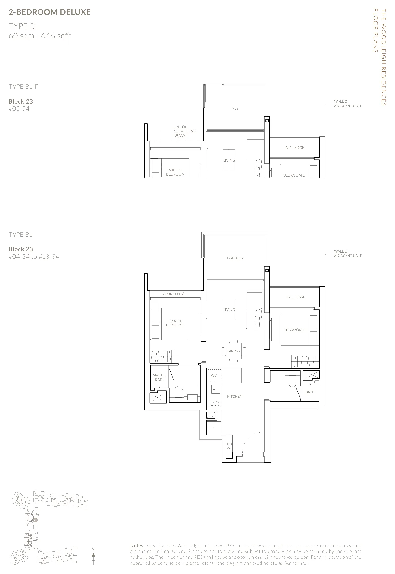 The Woodleigh Residences floor plan, type B1: 2-Bedroom and 2-Bedroom Deluxe, 646 sq ft
