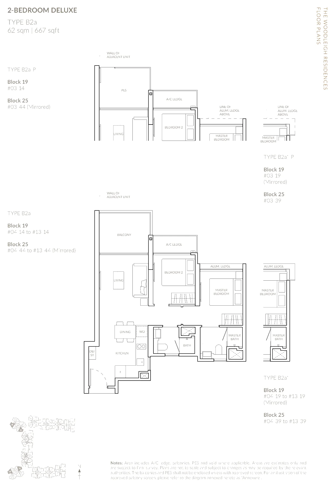 The Woodleigh Residences floor plan, type B2a: 2-Bedroom and 2-Bedroom Deluxe, 667 sq ft