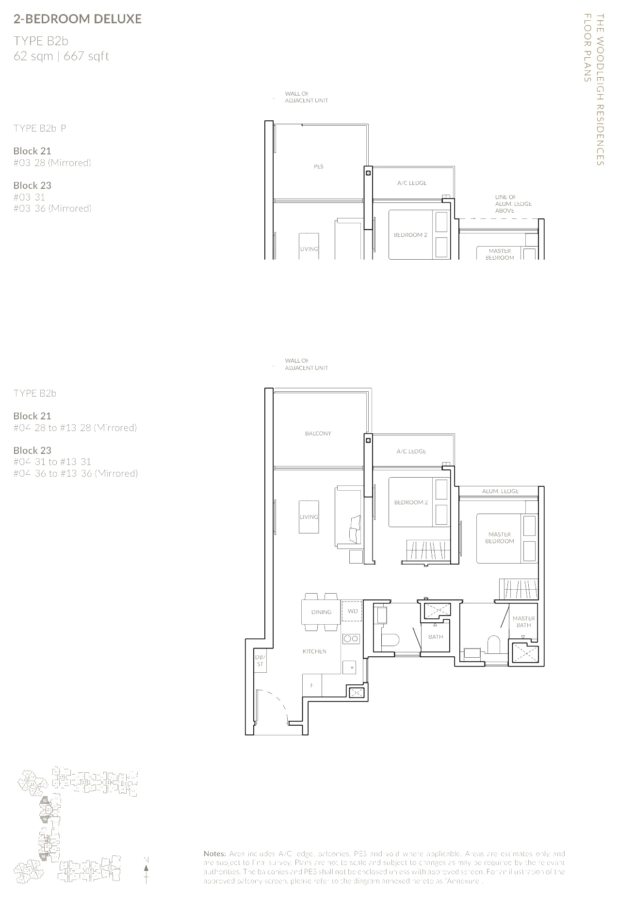 The Woodleigh Residences floor plan, type B2b: 2-Bedroom and 2-Bedroom Deluxe, 667 sq ft