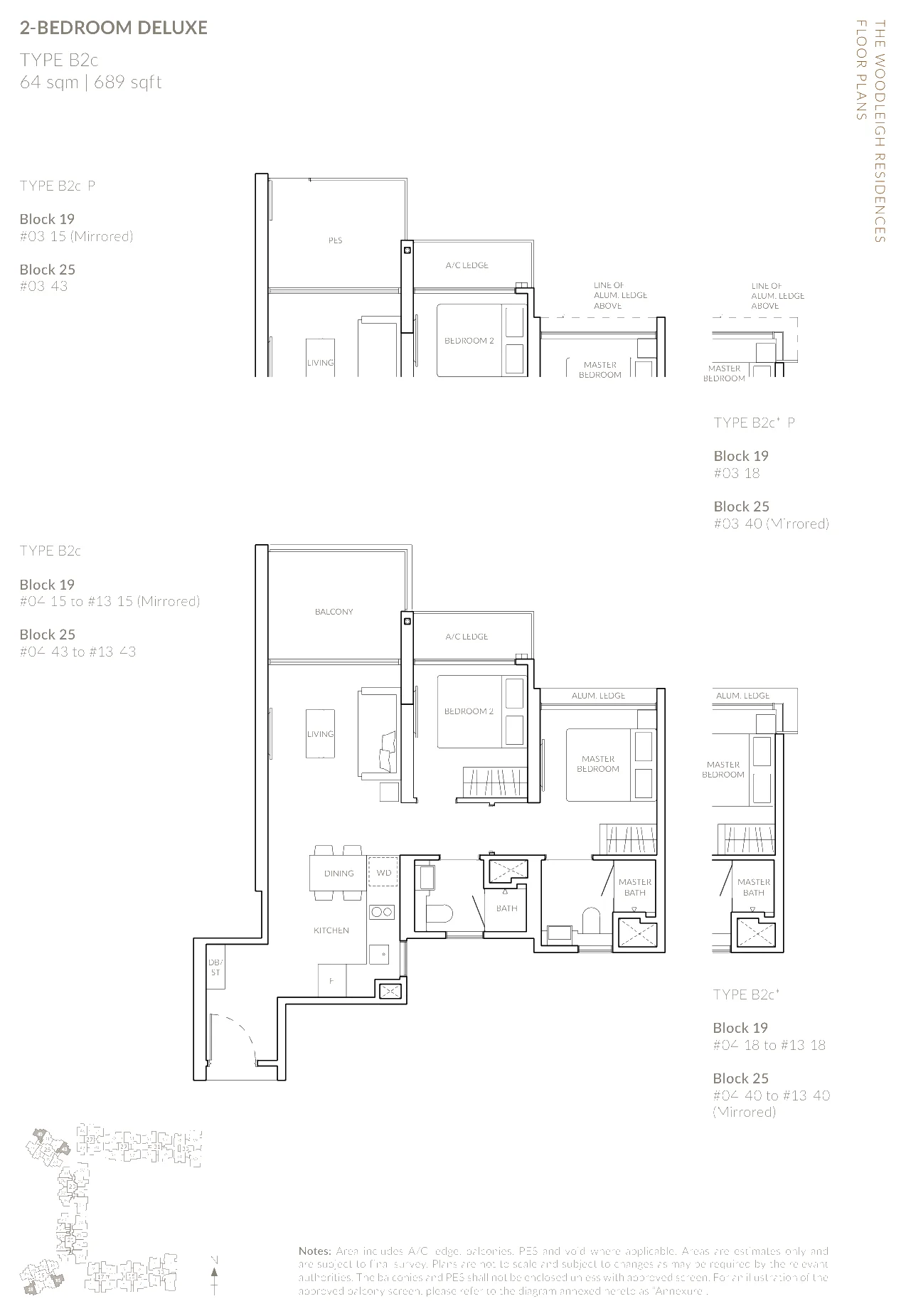 The Woodleigh Residences floor plan, type B2c: 2-Bedroom and 2-Bedroom Deluxe, 689 sq ft