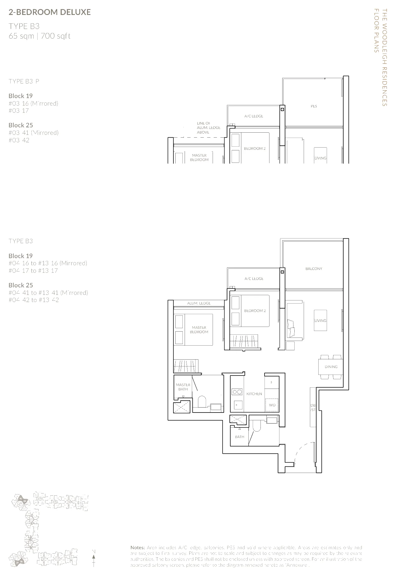 The Woodleigh Residences floor plan, type B3: 2-Bedroom and 2-Bedroom Deluxe, 700 sq ft