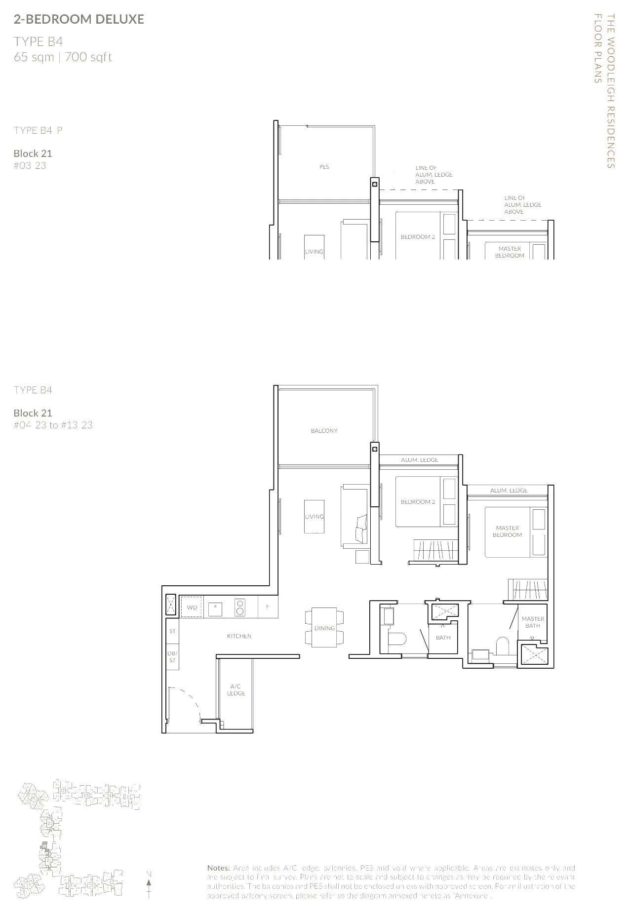 The Woodleigh Residences floor plan, type B4: 2-Bedroom and 2-Bedroom Deluxe, 700 sq ft