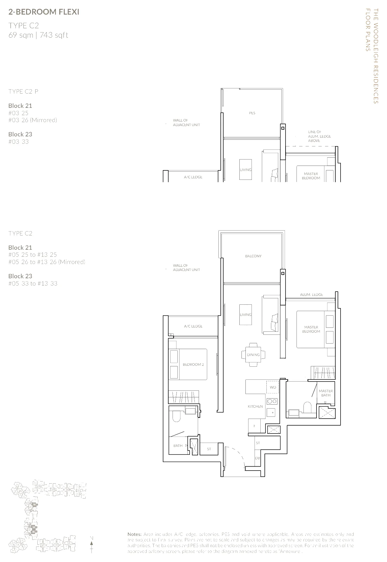 The Woodleigh Residences floor plan, type C2: 2-Bedroom Flexi, 743 sq ft