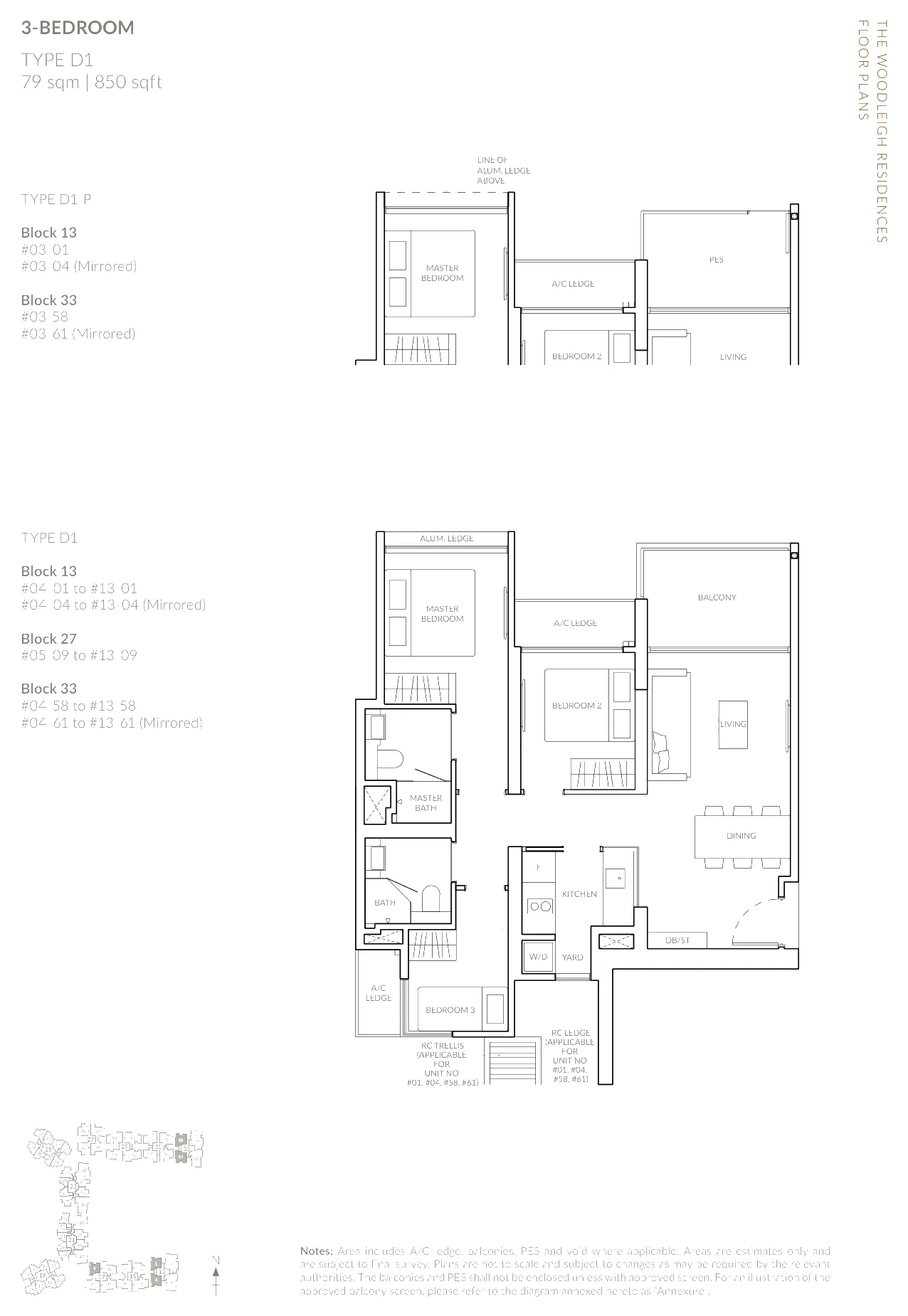 The Woodleigh Residences floor plan, type D1: 3-Bedroom and 3-Bedroom Deluxe, 850 sq ft