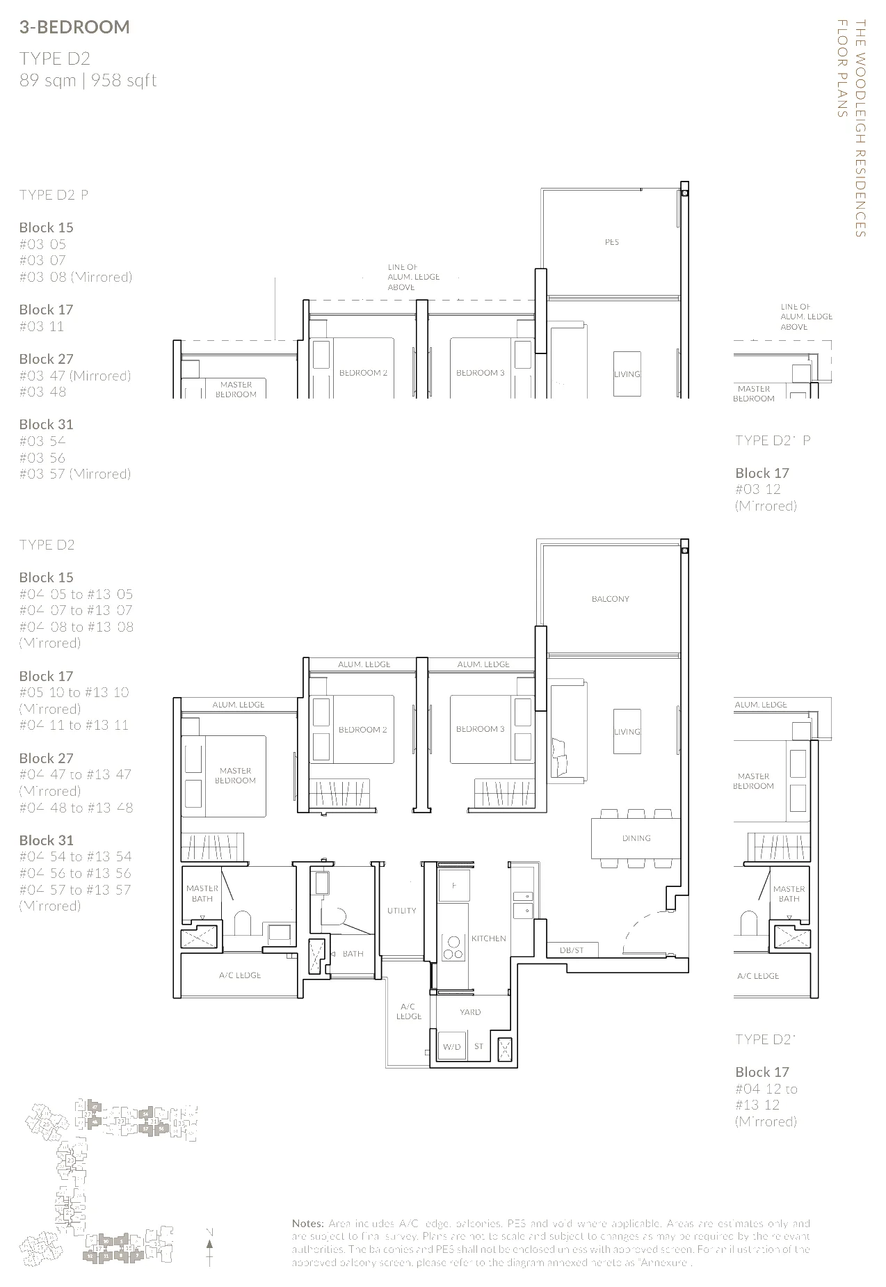The Woodleigh Residences floor plan, type D2: 3-Bedroom and 3-Bedroom Deluxe, 958 sq ft