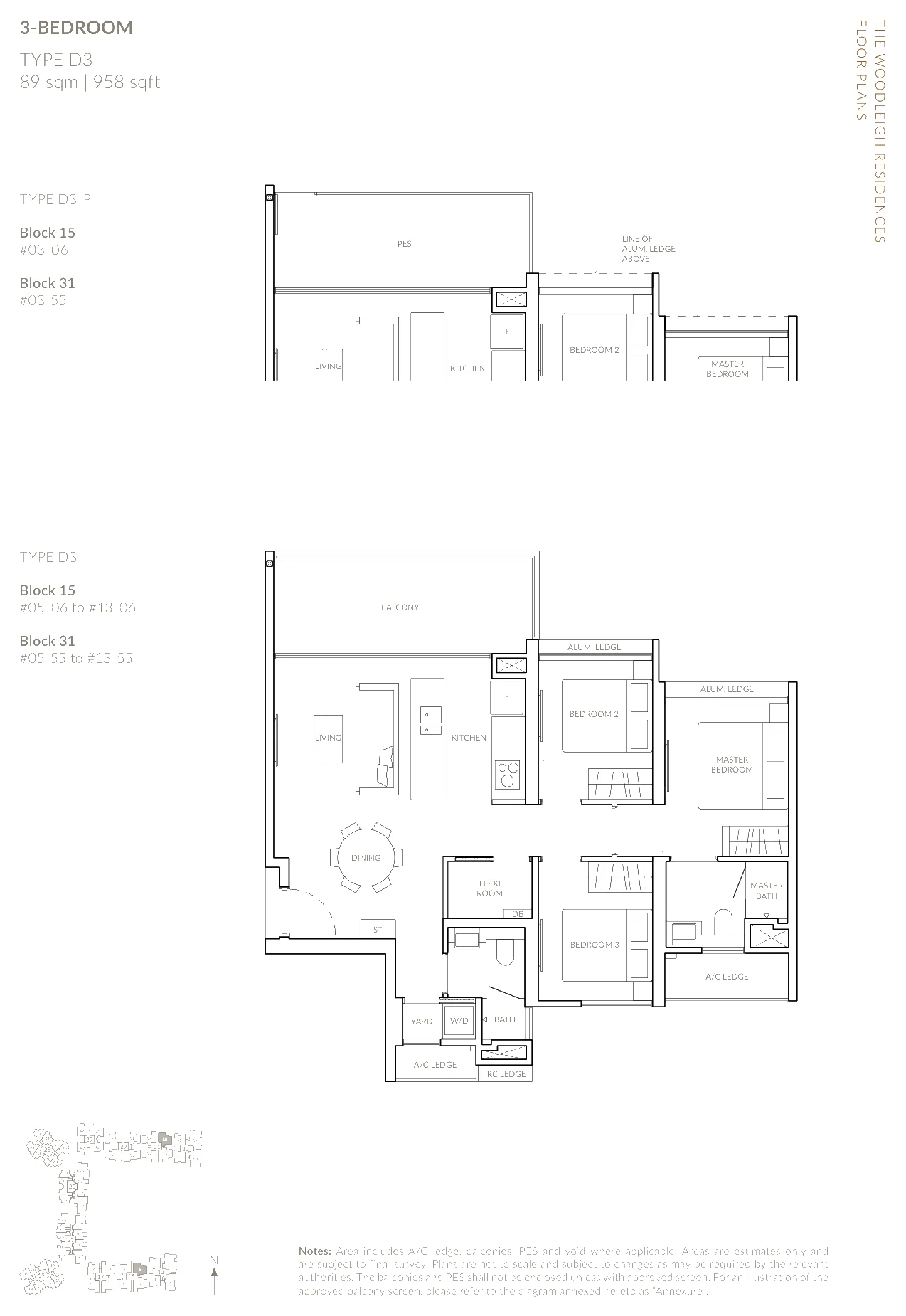 The Woodleigh Residences floor plan, type D3: 3-Bedroom and 3-Bedroom Deluxe, 958 sq ft