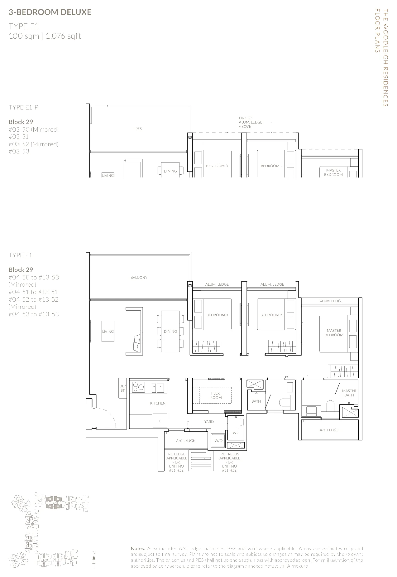 The Woodleigh Residences floor plan, type E1: 3-Bedroom and 3-Bedroom Deluxe, 1,076 sq ft