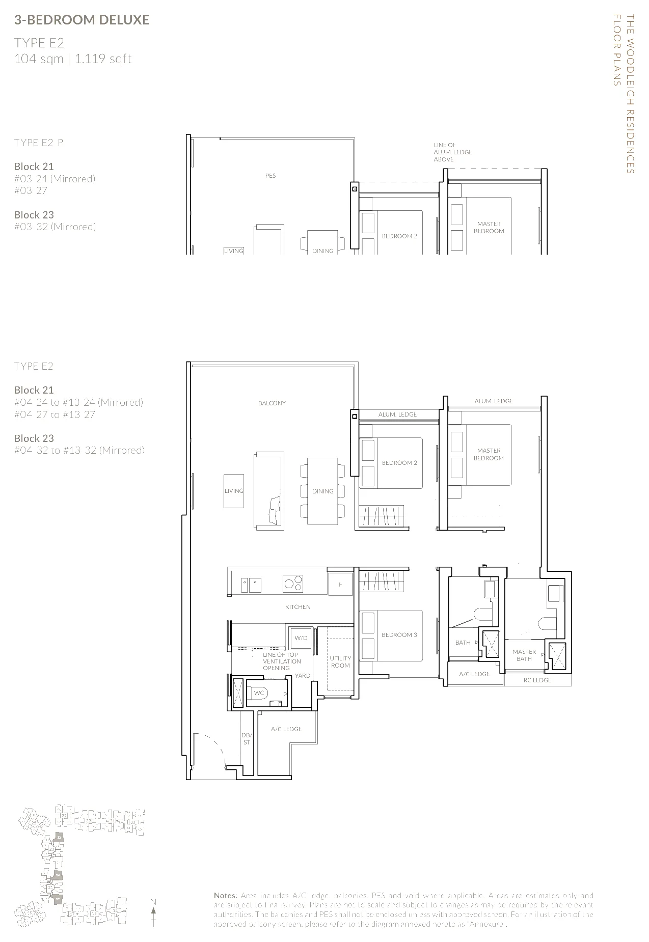 The Woodleigh Residences floor plan, type E2: 3-Bedroom and 3-Bedroom Deluxe, 1,119 sq ft