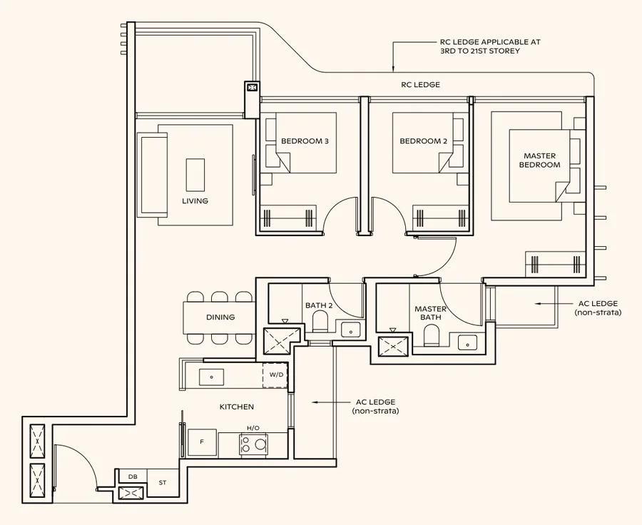 Thomson Reserve floor plan, type C4: 3-Bedroom, 947 sq ft