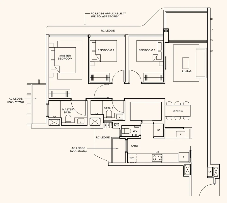 Thomson Reserve floor plan, type CP4: 3-Bedroom Premium, 1,055 sq ft