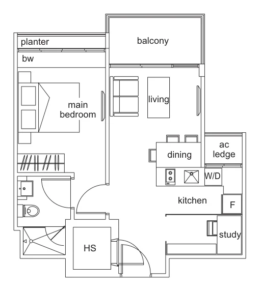 Tivoli Grande floor plan, type E: 1-Bedroom + Study, 560 sq ft