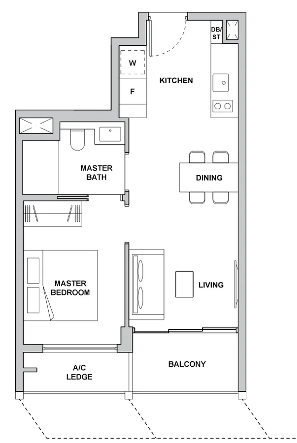 TMW Maxwell floor plan, type 1B1: 1-Bedroom Suite, 517 sq ft