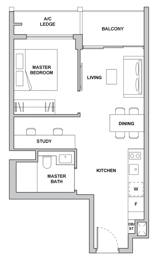 TMW Maxwell floor plan, type 1S1: 1-Bedroom + Study, 570 sq ft