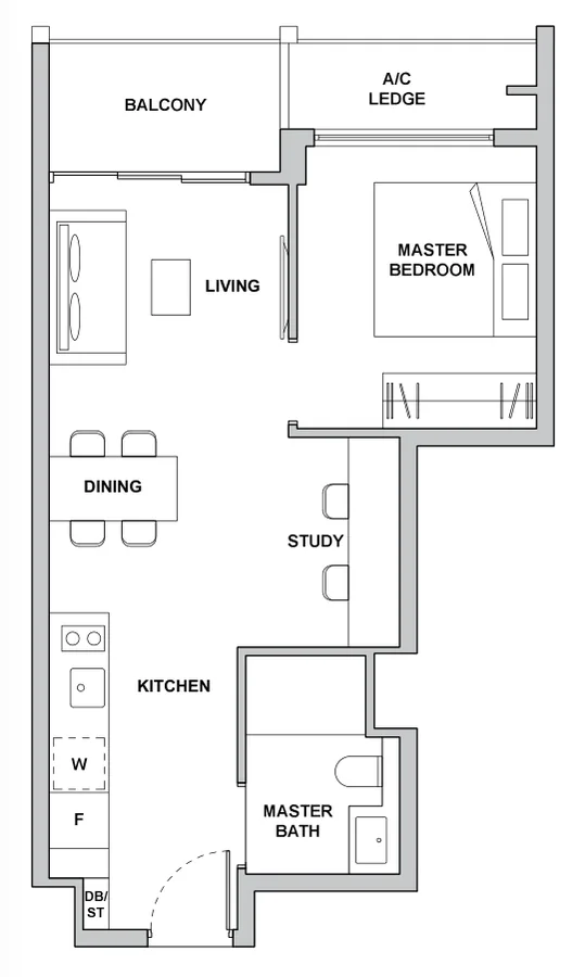 TMW Maxwell floor plan, type 1S2: 1-Bedroom + Study, 549 sq ft
