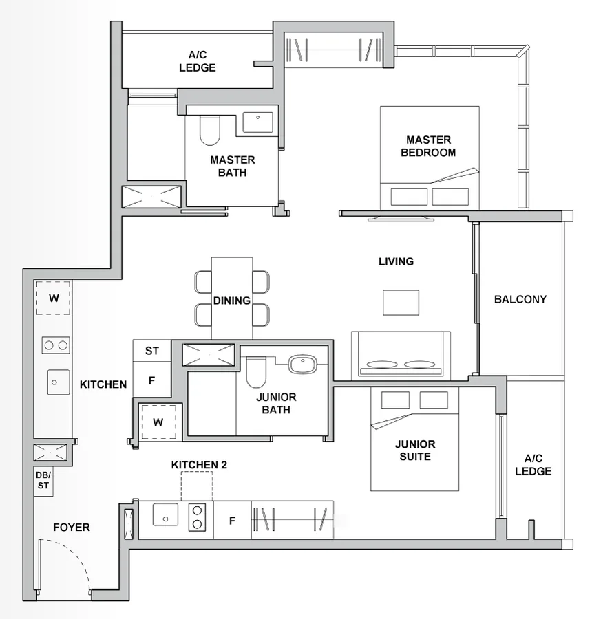 TMW Maxwell floor plan, type 2DK1: 2-Bedroom Dual Key, 872 sq ft