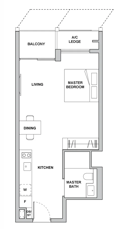 TMW Maxwell floor plan, type A2: Studio, 484 sq ft