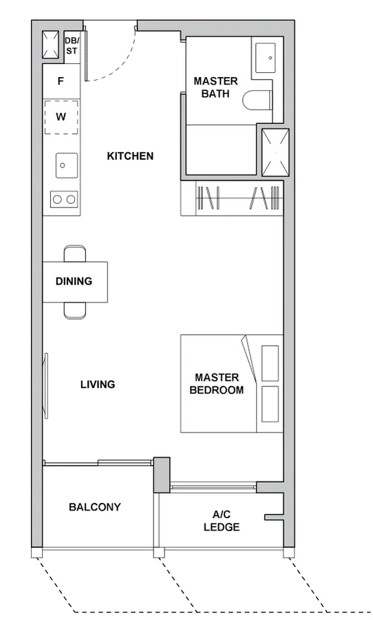 TMW Maxwell floor plan, type A3: Studio, 474 sq ft