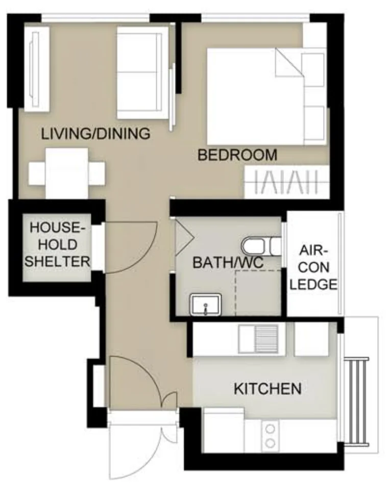 Toh Guan Grove floor plan, type F1: 2-room Flexi (Type 1), 38 sqm, 409 sq ft