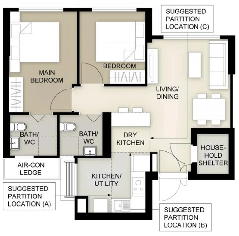 Toh Guan Grove floor plan, type 3R: 3-room, 69 sqm, 743 sq ft