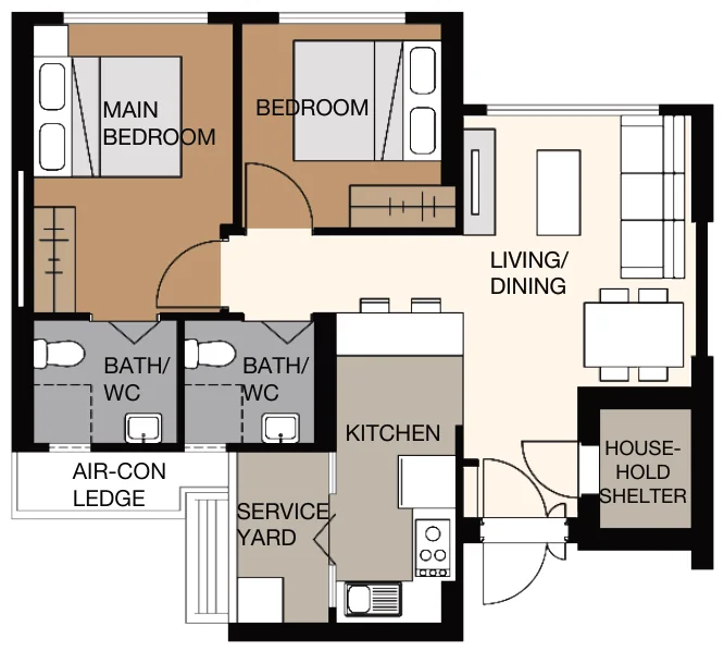 Towner Crest floor plan, type 3R: 3-Room, 69 sqm, 743 sq ft