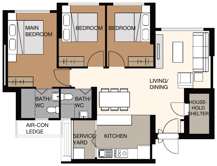 Towner Crest floor plan, type 4R: 4-Room, 93 sqm, 1,001 sq ft