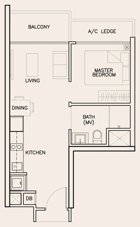 Tre Residences floor plan, type A1: 1-Bedroom, 420 sq ft