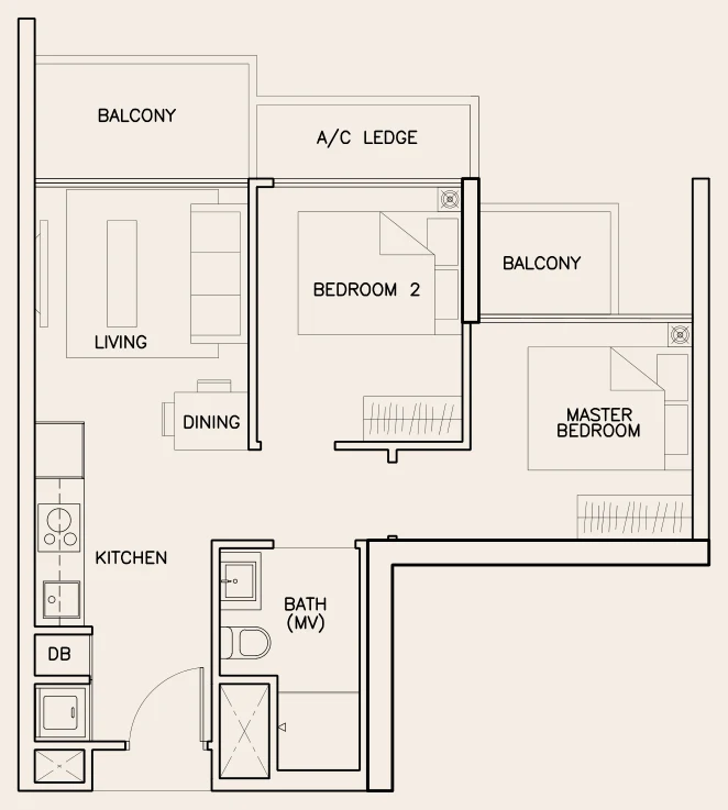 Tre Residences floor plan, type B1: 2-Bedroom, 570 sq ft