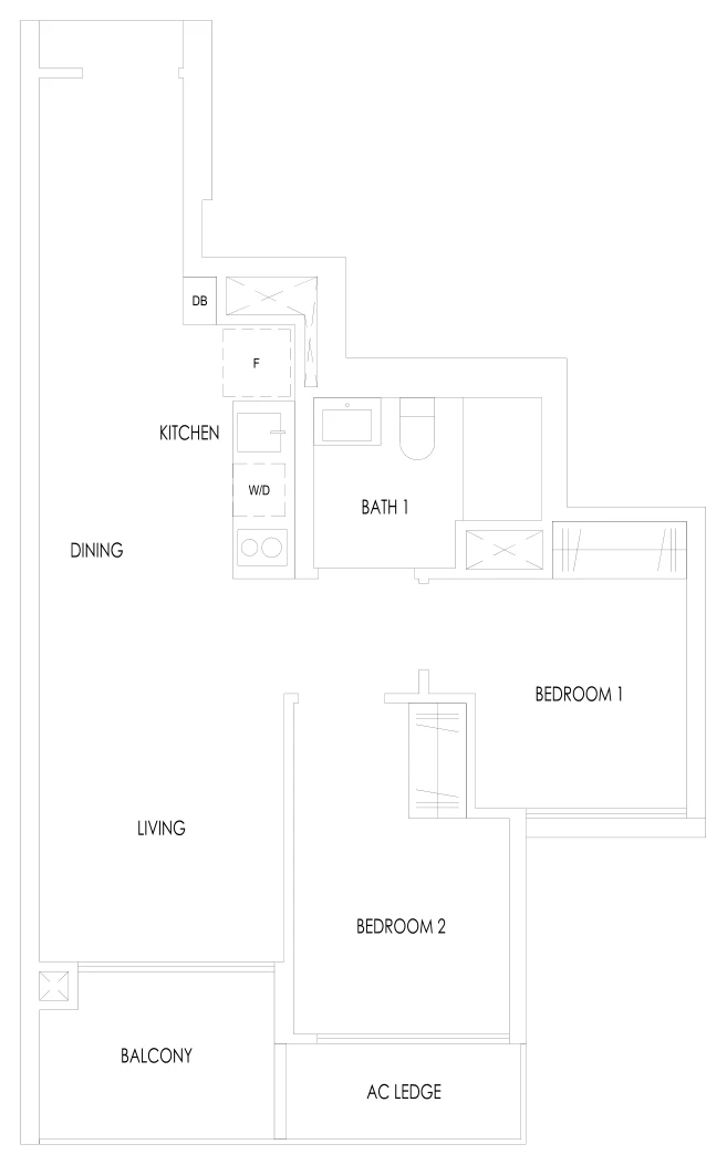 Treasure at Tampines floor plan, type B1: 2-Bedroom, 581 sq ft