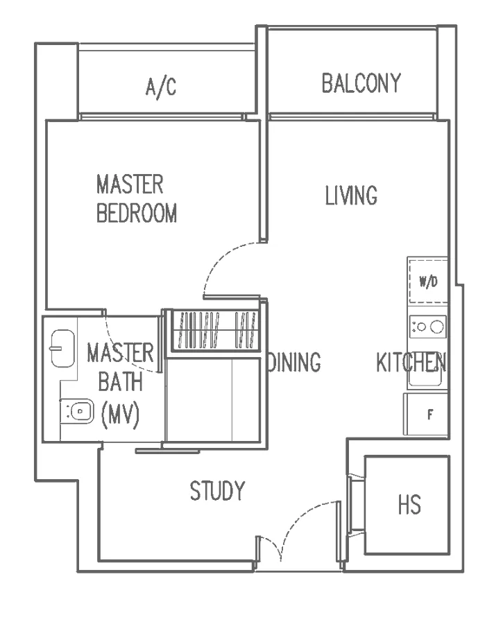 Trilive floor plan, type A1: 1-Bedroom + Study, 463 sq ft