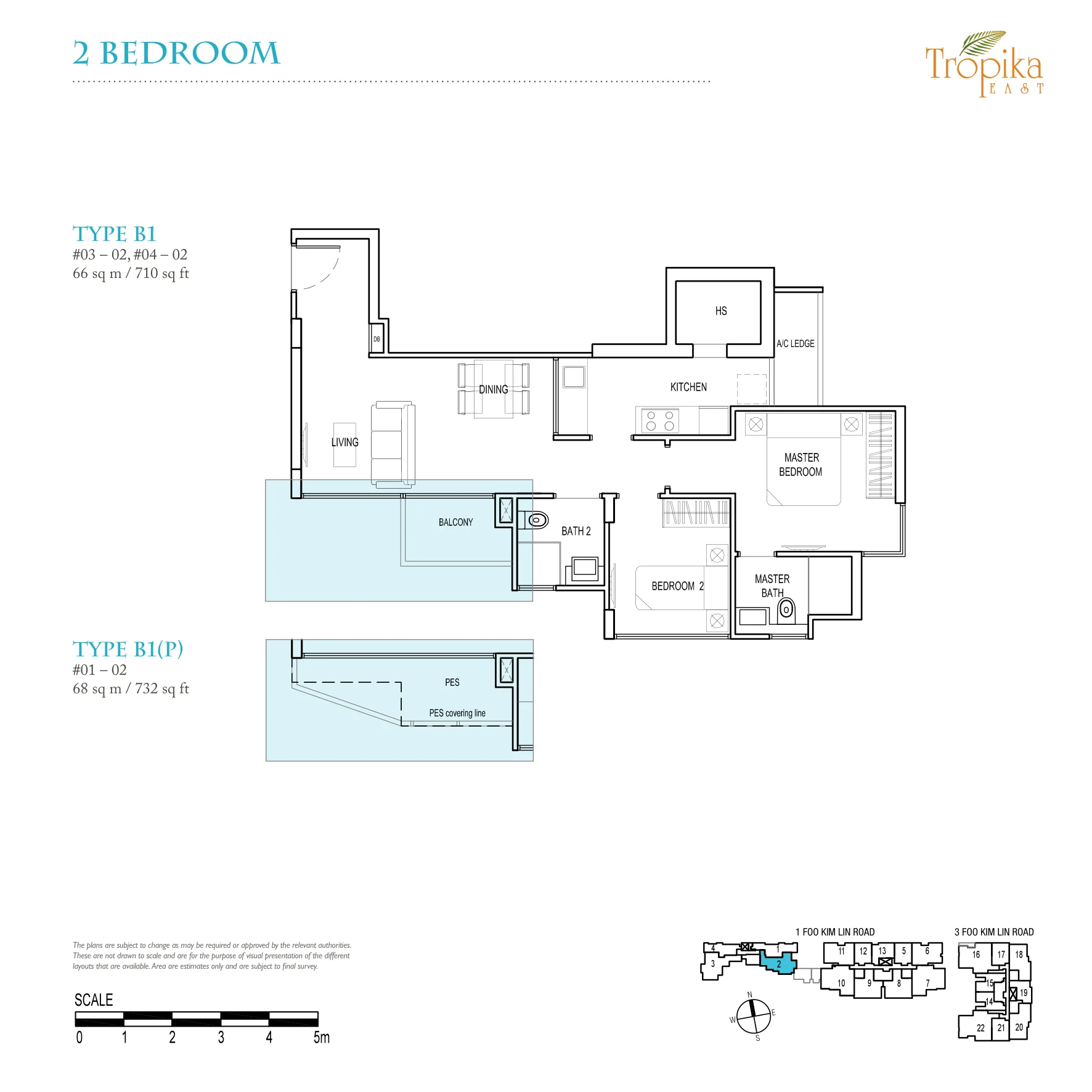 Tropika East floor plan, type B1: 2-Bedroom, 710 sq ft