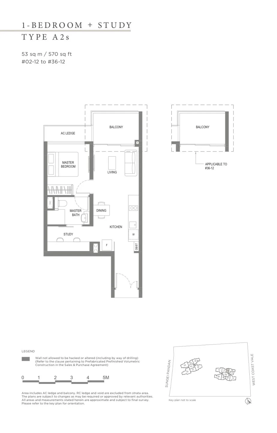 Twin VEW floor plan, type A2s: 1-Bedroom + Study, 570 sq ft