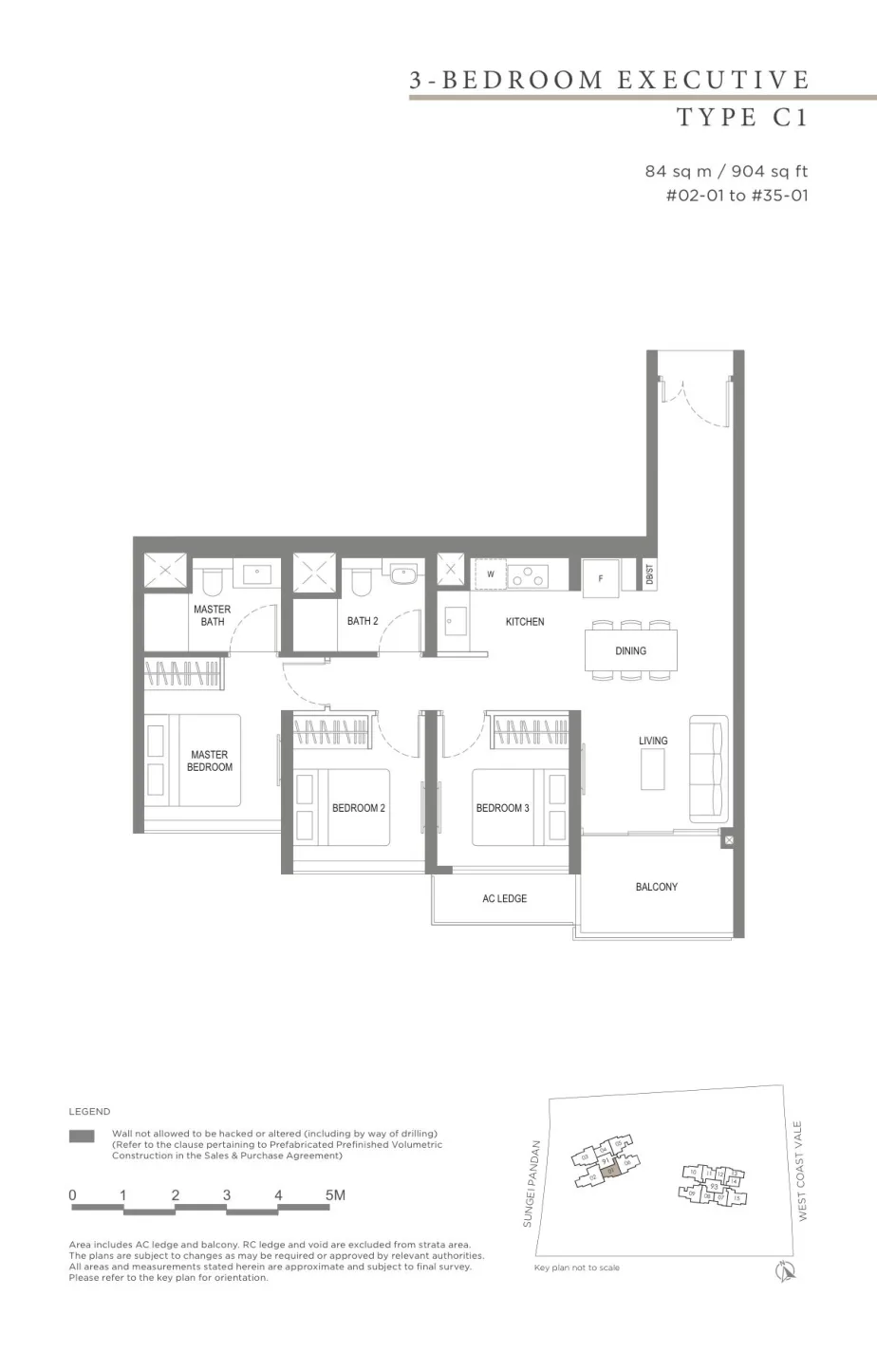 Twin VEW floor plan, type C1: 3-Bedroom Executive, 904 sq ft