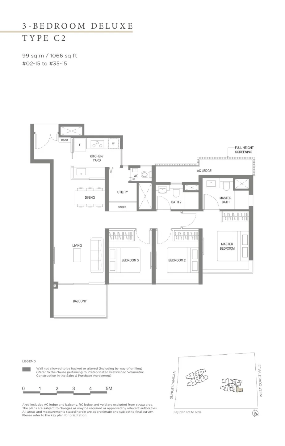 Twin VEW floor plan, type C2: 3-Bedroom Deluxe, 1,066 sq ft