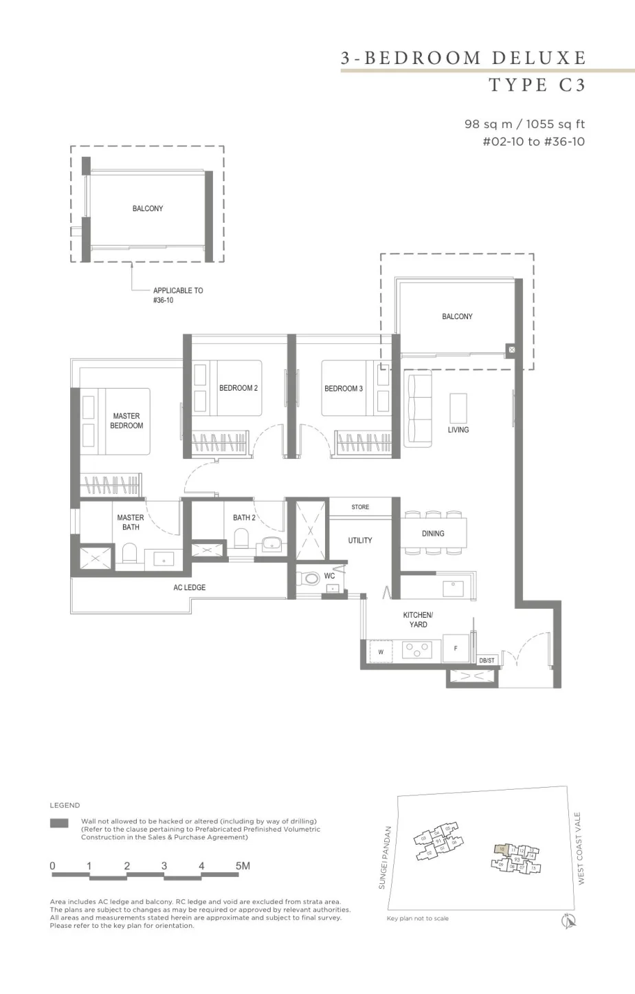 Twin VEW floor plan, type C3: 3-Bedroom Deluxe, 1,055 sq ft