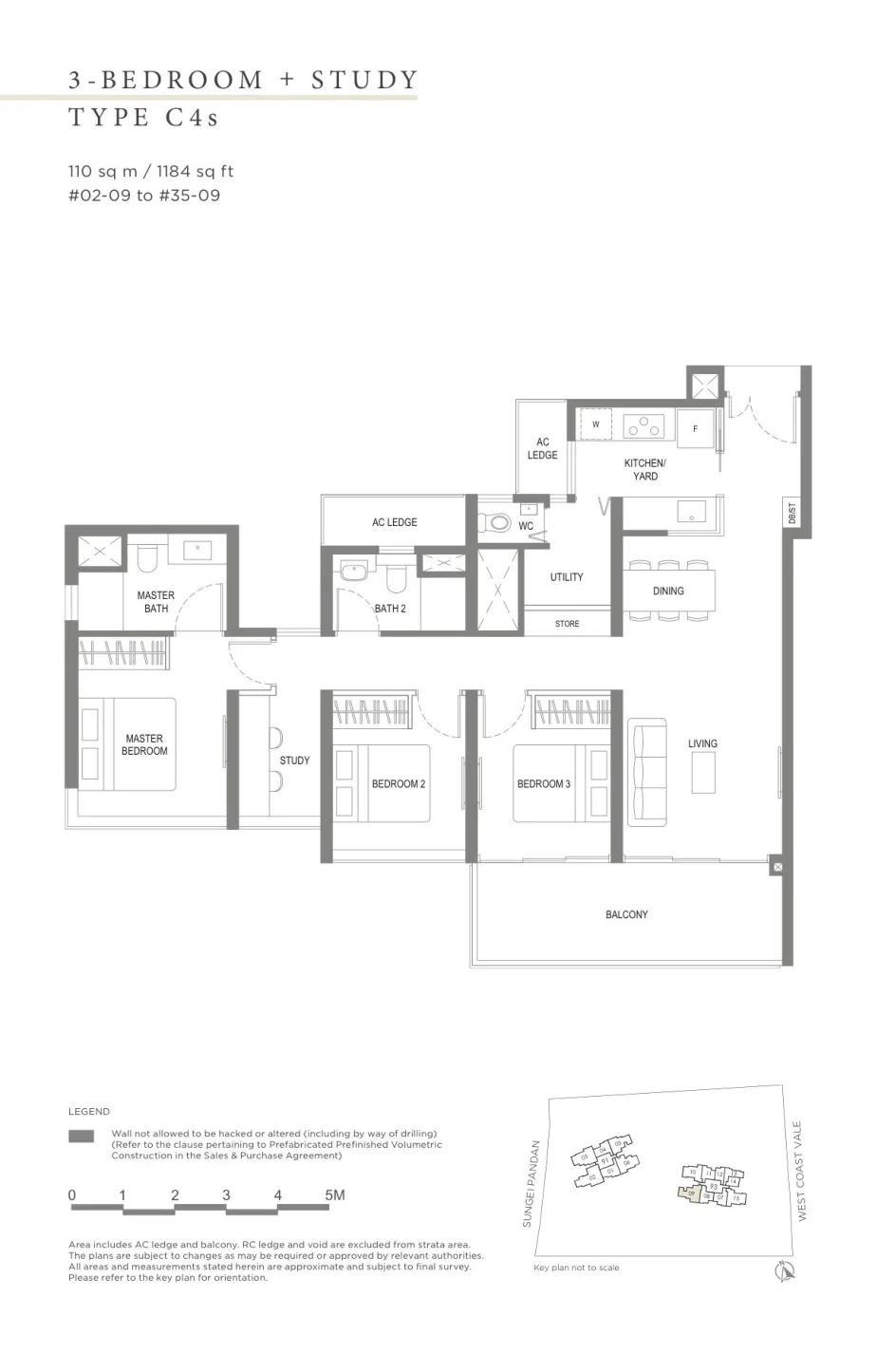 Twin VEW floor plan, type C4s: 3-Bedroom + Study, 1,184 sq ft