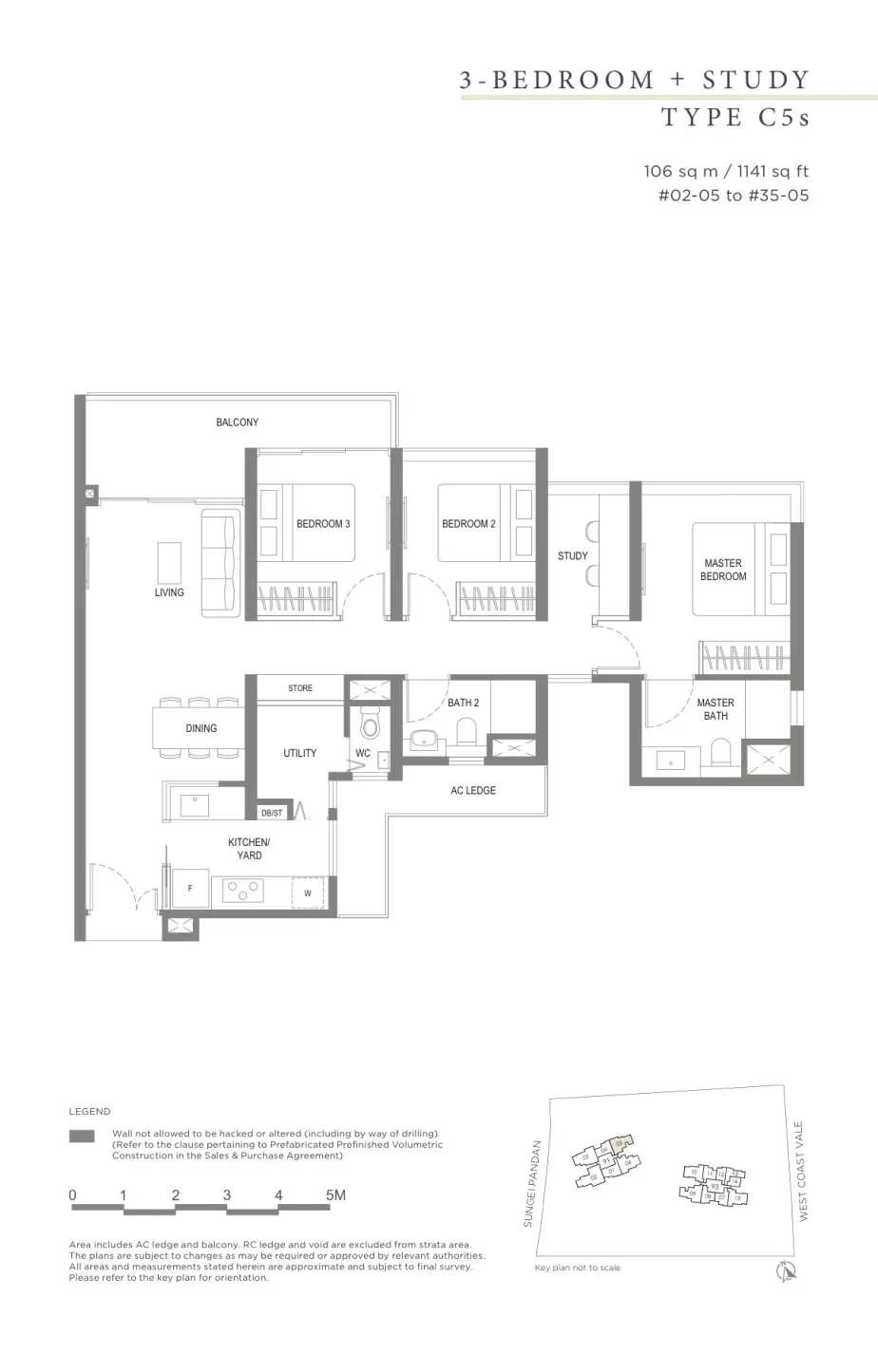 Twin VEW floor plan, type C5s: 3-Bedroom + Study, 1,141 sq ft