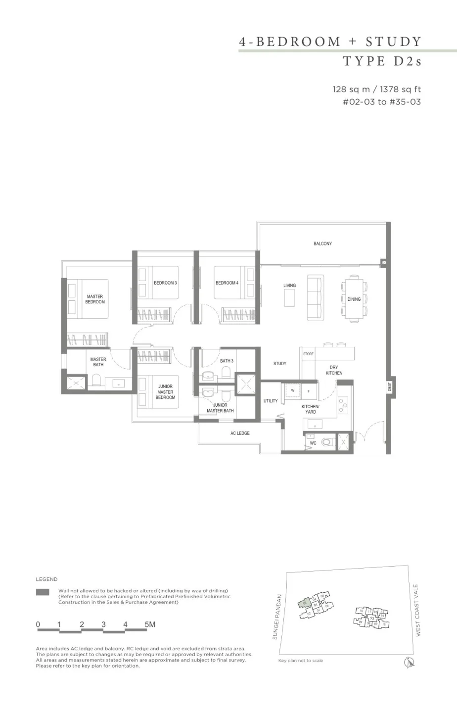 Twin VEW floor plan, type D2s: 4-Bedroom + Study, 1,378 sq ft