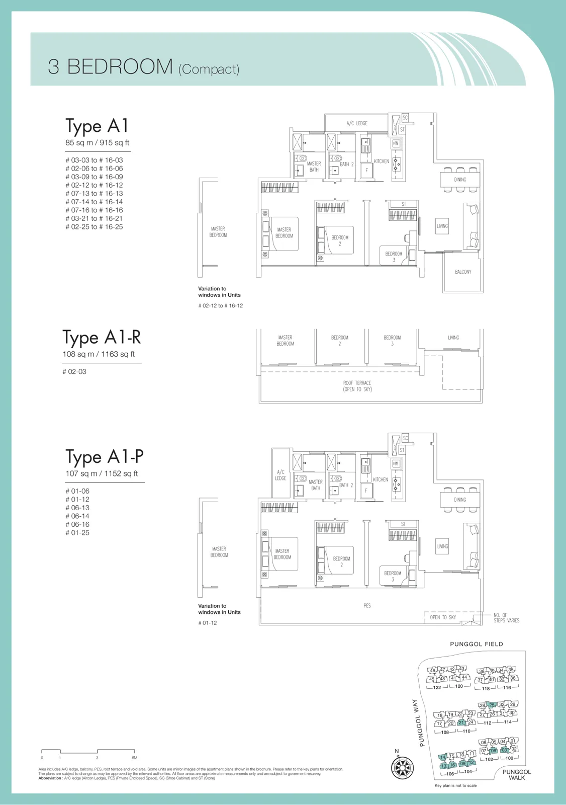 Twin Waterfalls floor plan, type A1: 3-Bedroom Compact, 915 sq ft