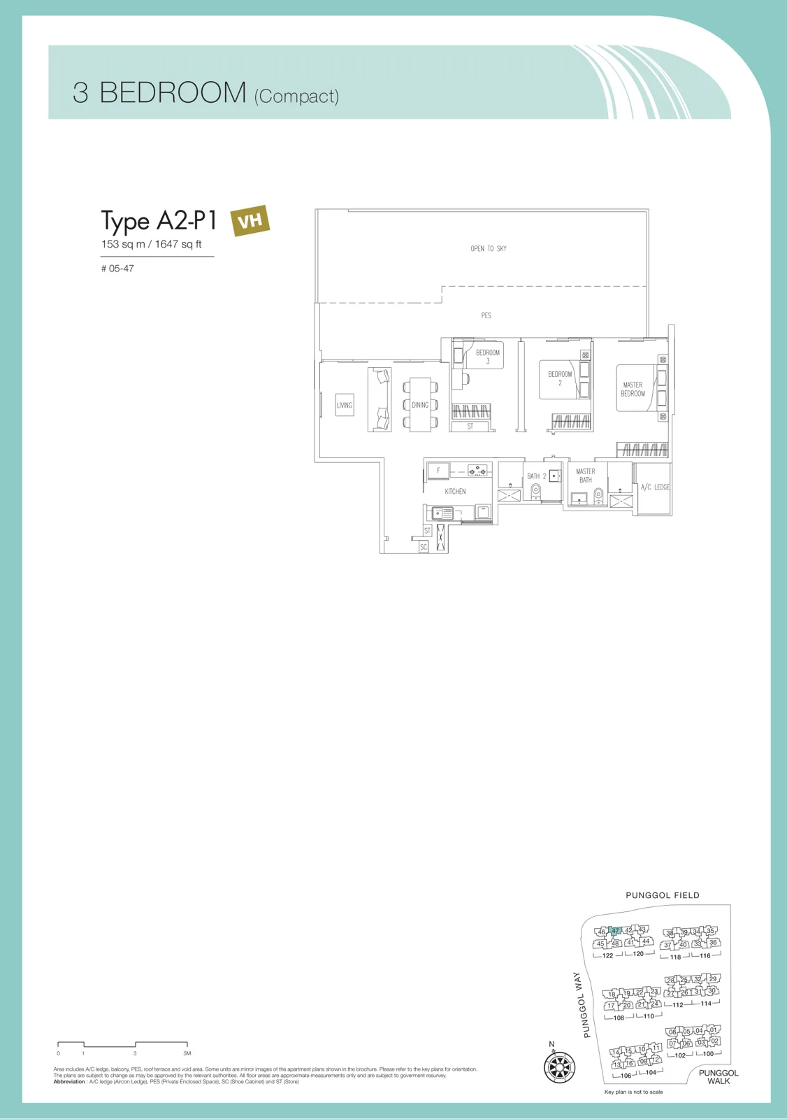 Twin Waterfalls floor plan, type A2-P1: 3-Bedroom Compact, 1,647 sq ft