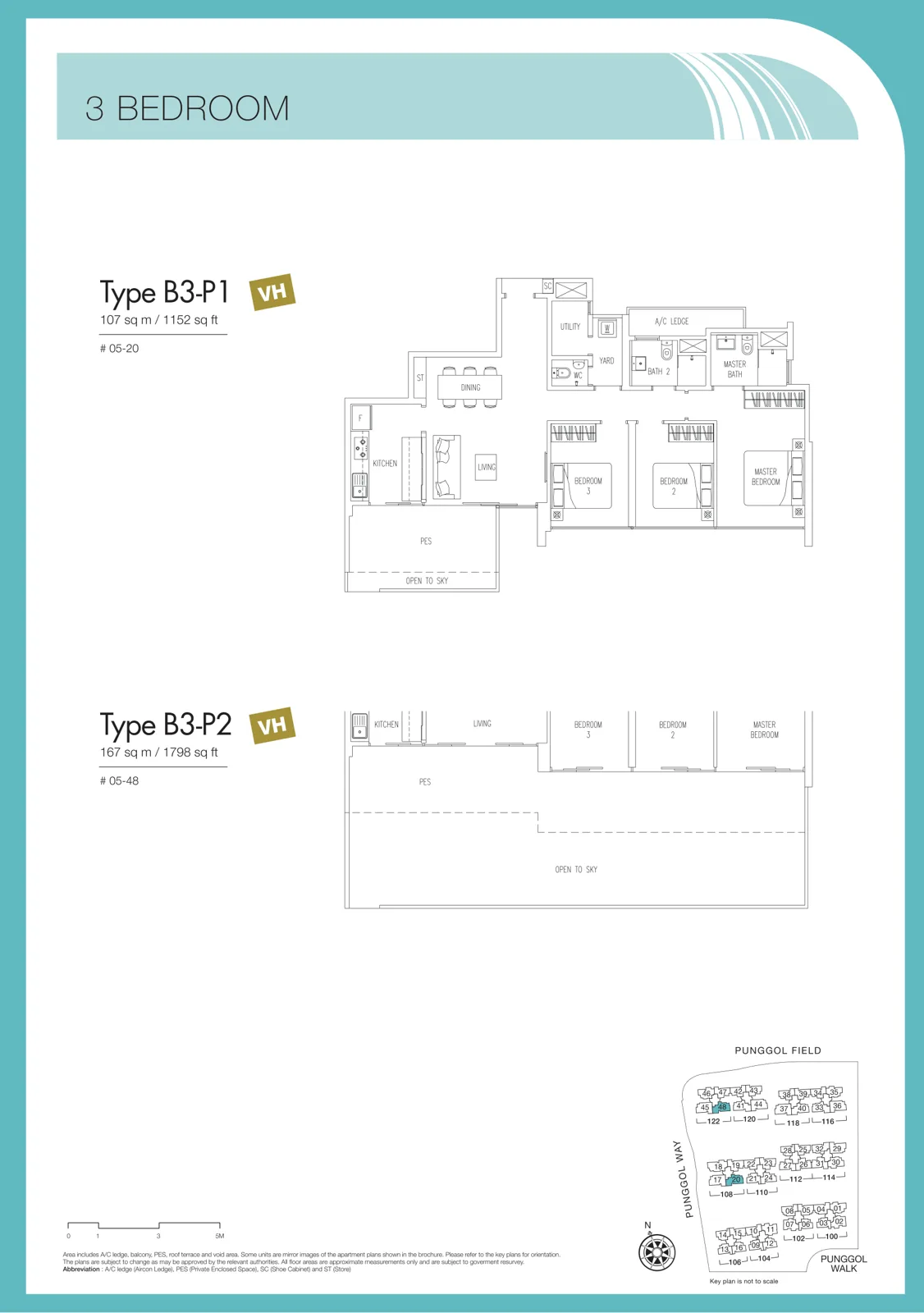 Twin Waterfalls floor plan, type B3-P1: 3-Bedroom, 1,152 sq ft